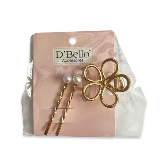 Set of 3 D'Bello Pearl Bobby Pins and Flower Hair Barette - Picture 1 of 2